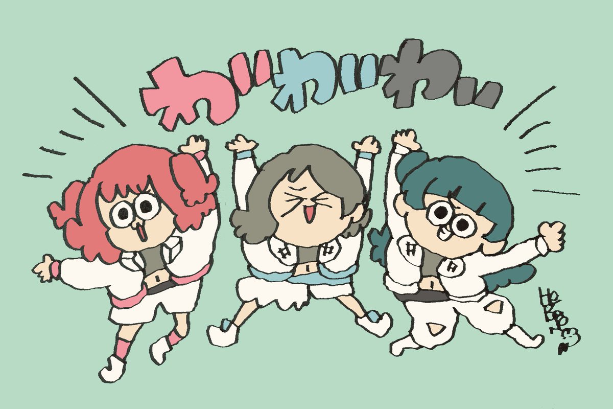tsushima yoshiko ,watanabe you multiple girls 3girls red hair parody group name jacket hair bun  illustration images