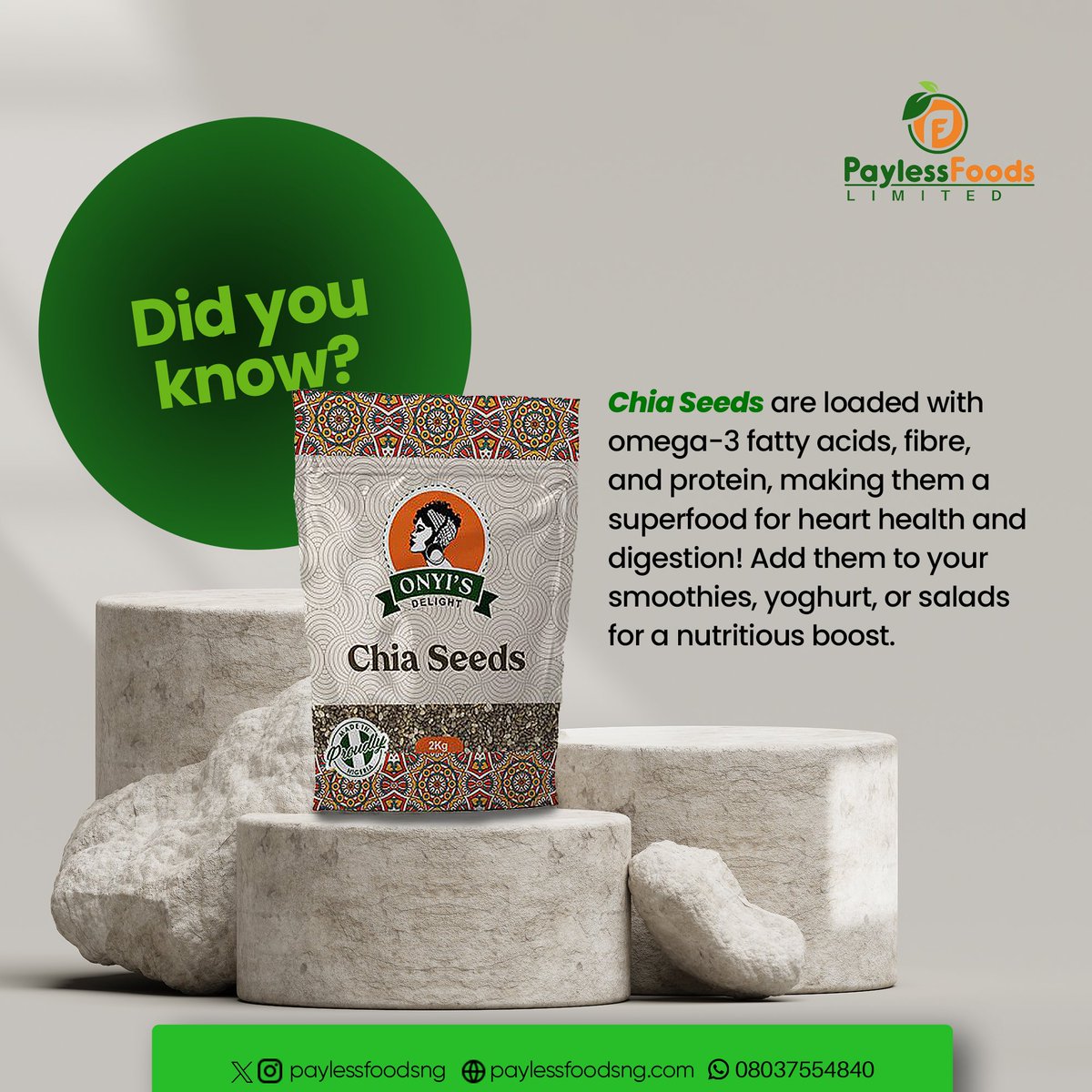 Paylessfoodsng's tweet image. Order yours today at paylessfoodsng.com/shop/! 🌿

#FunFoodFact #ChiaSeeds #PaylessFoods