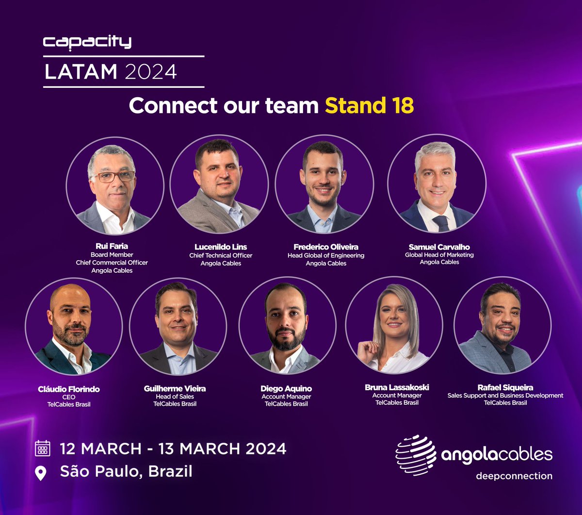 angola_cables's tweet photo. Capacity LATAM kicks off tomorrow!

Connect with Angola Cables and TelCables Brasil teams at Stand 18 to explore our Brazil-US-Europe traffic capacity.

You can still book a meeting with us at: https://t.co/zJu21cNpxW https://t.co/zrZAbCmrOa
