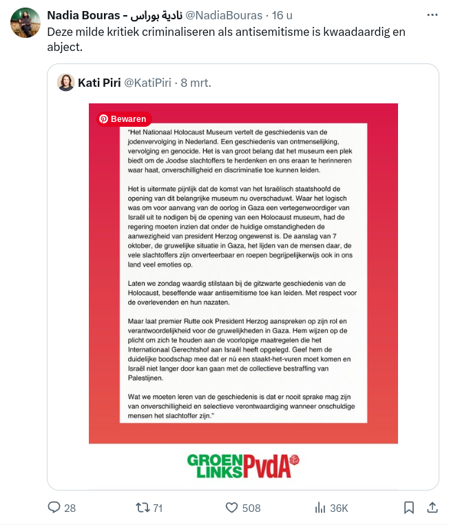 mariekehoogwout's tweet photo. Weet je wat ook 'kwaadaardig en abject' is? Dat een oude man, overlevende van de Holocaust, iemand die als kind was ondergedoken en wiens moeder in Sobibor is vermoord, de opening van het museum moest verrichten onder het gekrijs en gejoel van tegendemonstranten.

Jullie hebben de doos van Pandora geopend. Wat gaan jullie nog zeggen als ándere empathieloze "activisten" de transatlantische-slavernijherdenking gaan doorschreeuwen 'want moderne slavernij'? Als andere gekken bij een iftar gaan demonstreren want 'Iran, IS, Hamas en Boko Haram'? Het is de weg naar de hel, en jullie hebben die gisteren alvast een eindje geplaveid.

Jullie als PvdAGL-links-intellectuelen hebben de deur opengezet naar een samenleving waarin mensen het elkaar niet eens meer gunnen om het gruwelijkste leed, deze misdaden tegen de menselijkheid, één dag in stilte te kunnen herdenken. Eén dag maar. Jullie hebben gisteren gezaaid, en er groeien bittere gewassen uit.

Alleen al vanmorgen heb ik van vier verschillende links/liberaal stemmende vrienden (m/v) gehoord dat er gisteren iets definitief in hen is geknapt. Ik ben zelf de vijfde. Sinds mijn 18e links/liberaal gestemd, dwz vier decennia. 

Dit zijn de kiezers die jullie weg hebben gejaagd. Wees er maar trots op. Kijk maar blij dat PvdAGLvoordeDieren66 zo zeker weet wat De Enige Juiste Waarheid is. Doen jullie het licht achter je uit? Want het wordt donker in de samenleving. Heel donker