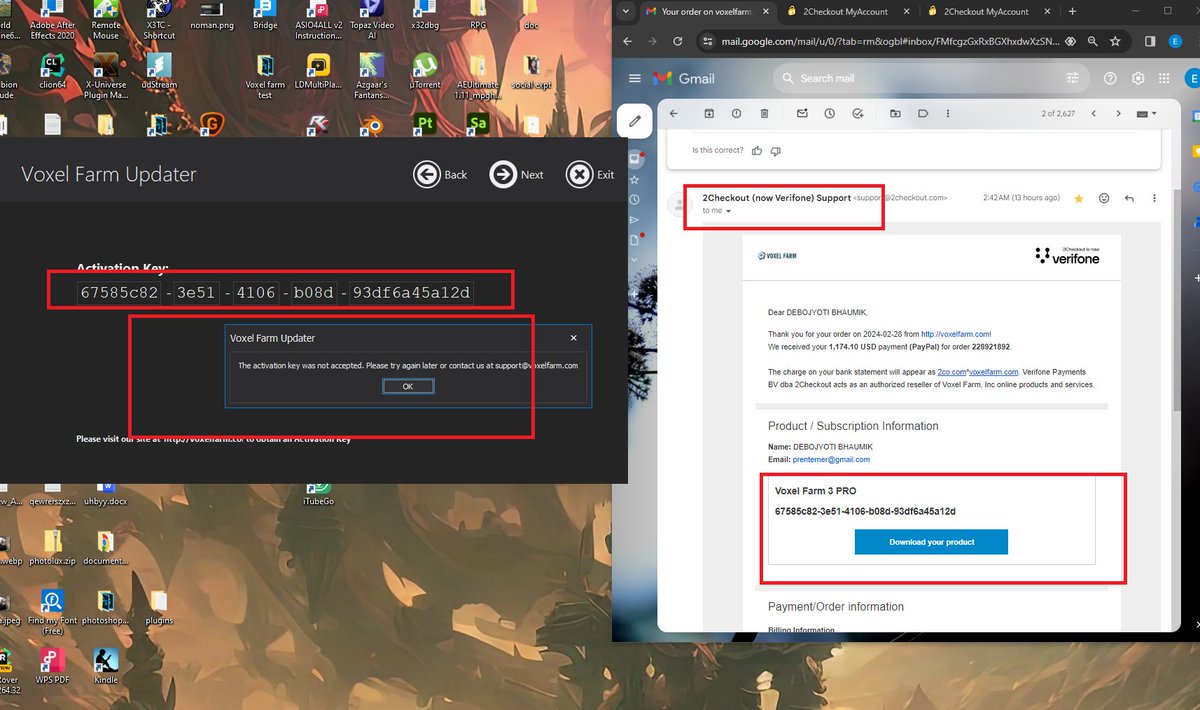 TGADB1's tweet photo. @VoxelFarm you guys are keep ignoring my isse it become 2 weeks I bought your pro lic but ur verifier keep showing me invalid. No more replies from your end. Why you are doing so?
proof of my purchase
https://t.co/sevkzCBrT1
proof of invalid issue https://t.co/adXPtmwDEF