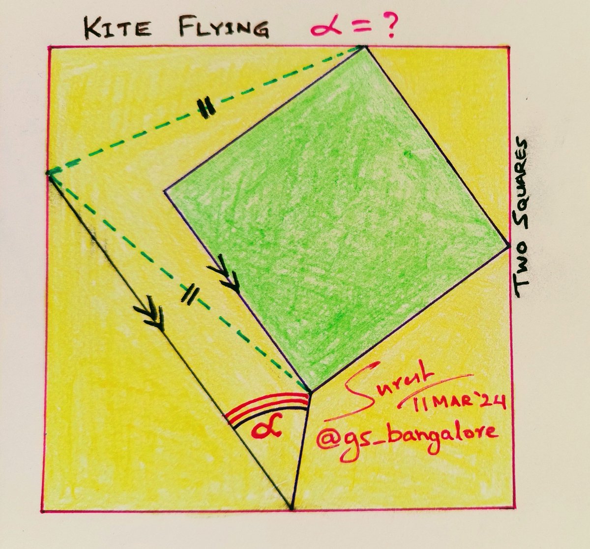 Kite Flying.

Two squares in constrained configuration. Angle alpha = ?

#square #geometry #geometrique #puzzle #thinking #logic #angle #reasoning #today #Triangle #diagonal #circle #similarity #mathteachers #math #teacher #mathematics #Algebra #highschool #students #learning