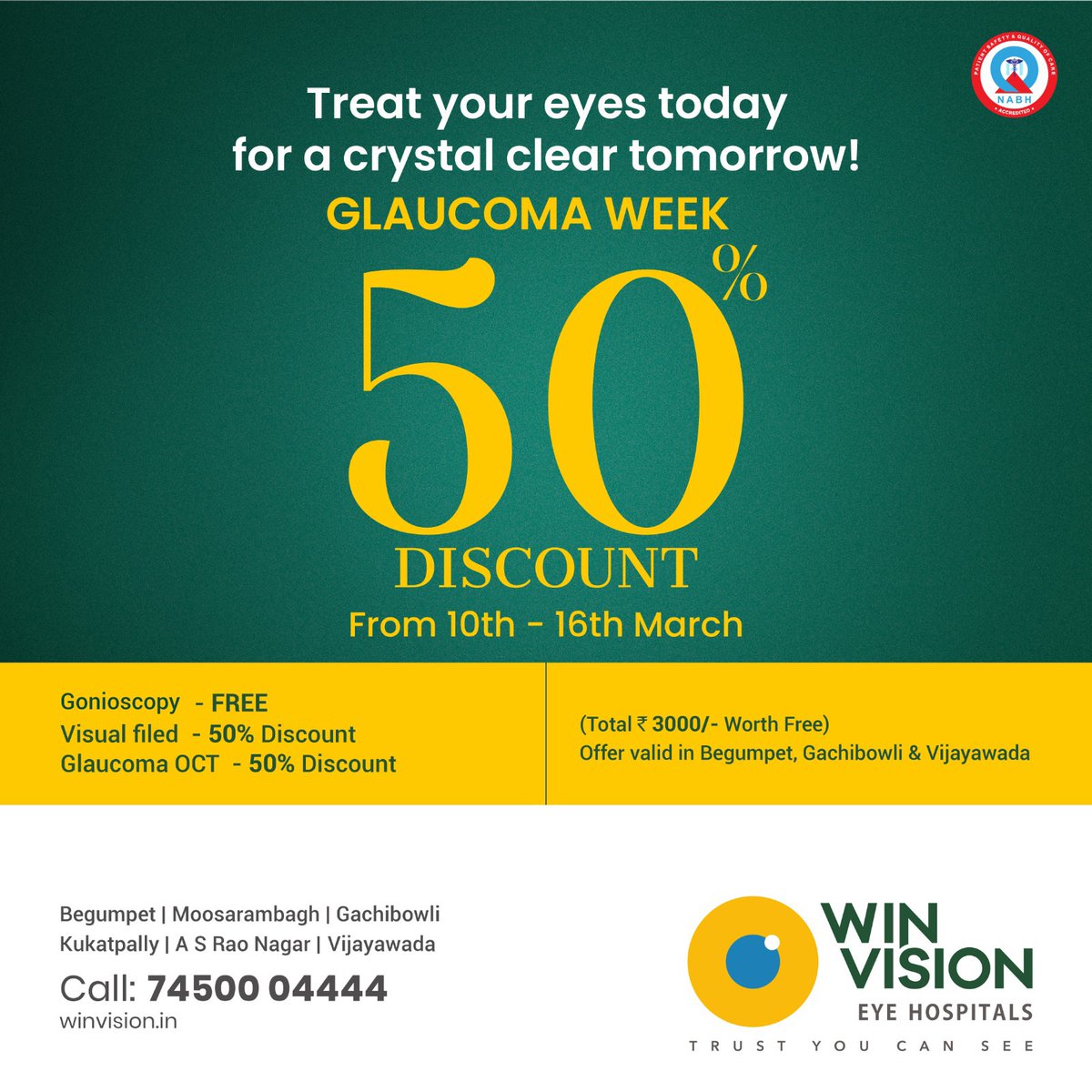 HospitalsWin's tweet photo. Win Vision is here with a special offer! Enjoy 50% Off this Glaucoma Week. Take a step towards clearer vision – schedule your appointment today!

#WinVisionEyeHospitals #HyderabadBestEyeHospital #BestEyeHospital #Glaucoma #GlaucomaVision #Eyes #GlaucomaWeek #EyeHealth https://t.co/cHZb6N8TrK