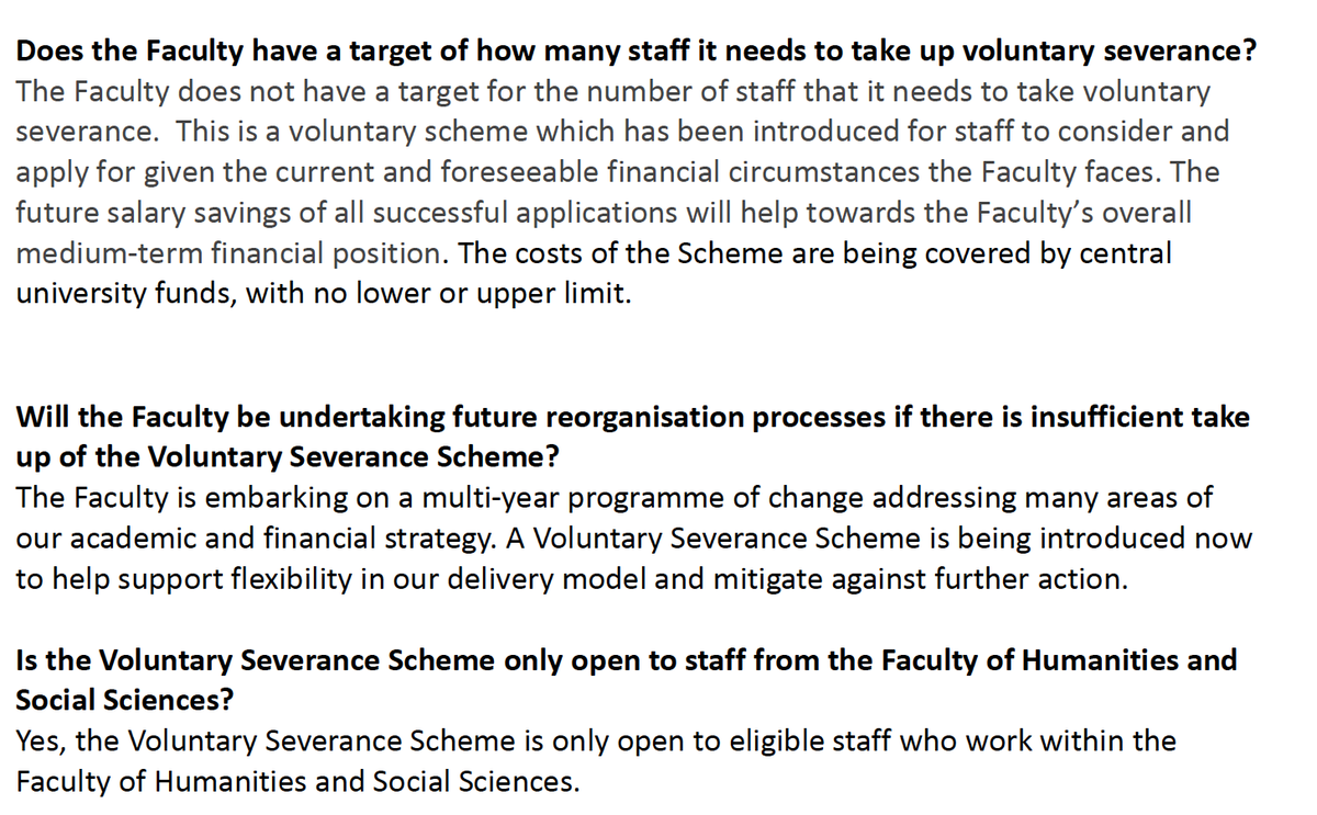 The Faculty of Humanities and Social Science @QMUL has announced a Voluntary Severance Scheme. Despite our requests, management gives no clarity about how much money they intend to save. But the unnecessary urgency is generating unnecessary anxiety. A little 🧵