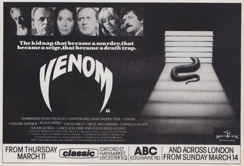 Forty-two years ago today, Venom opened in London cinemas accompanied by an ad written by a copywriter who couldn't spell the word siege... 😉 #Venom #1980s #film #films #thriller #thrillers #OliverReed #SusanGeorge #PiersHaggard #TobeHooper #KlausKinski
