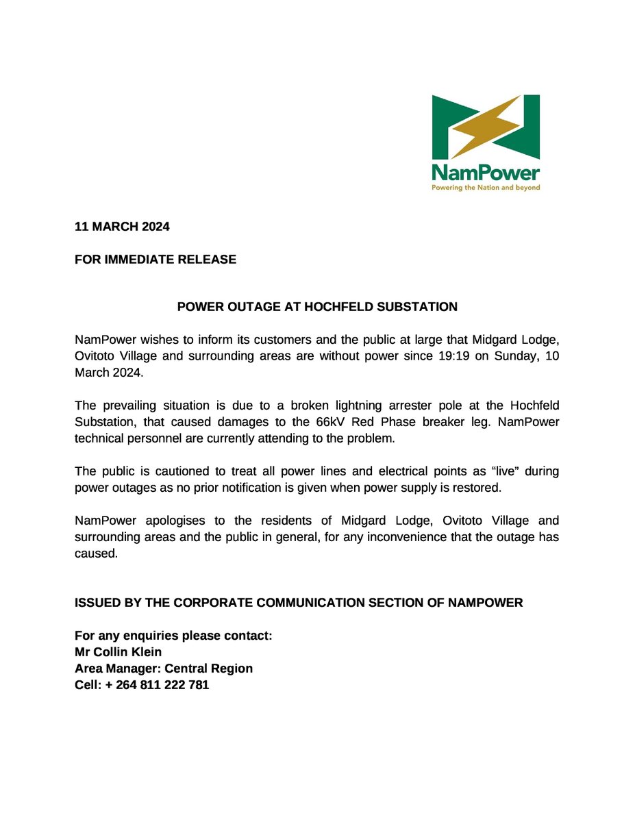 POWER OUTAGE NOTICE: HOCHFELD SUBSTATION