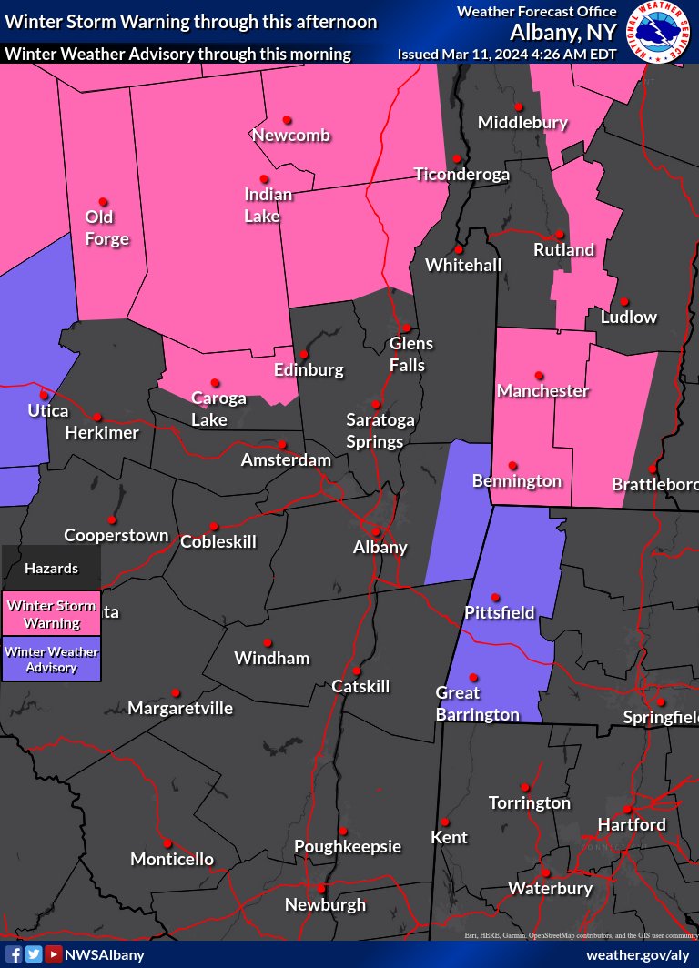 NWSAlbany's tweet photo. Snow showers today, mostly southern Adirondacks, southern Green Mountains, Rensselaer Plateau, Berkshires. Winter Storm Warnings, Winter Weather Advisories for those areas. Additional 1 to 4 inches of snow there. Wind Advisory for wind gusts up to 55 mph through this evening. https://t.co/uNtwGtQLLY