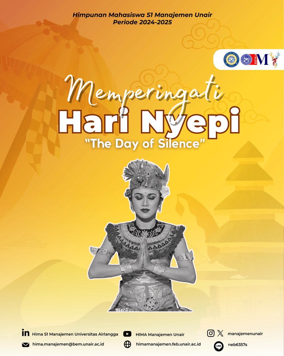 [HIMA MANAJEMEN MENGUCAPKAN]

Rahajeng Nyanggra Rahina Nyepi Saka 1946

Semoga dengan pelaksanaan catur Brata penyepian kita diberikan keselamatan, kedamaian untuk semuanva

#SpiritUnitypride
-HIMA S1 Manajemen Unair