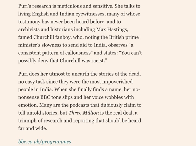 'Three Million is the real deal, a triumph of research and reporting, that should be heard far and wide.' Have been blown away by the response and reviews for #ThreeMillion. Thanks to Fiona Sturges @FT #bengalfamine