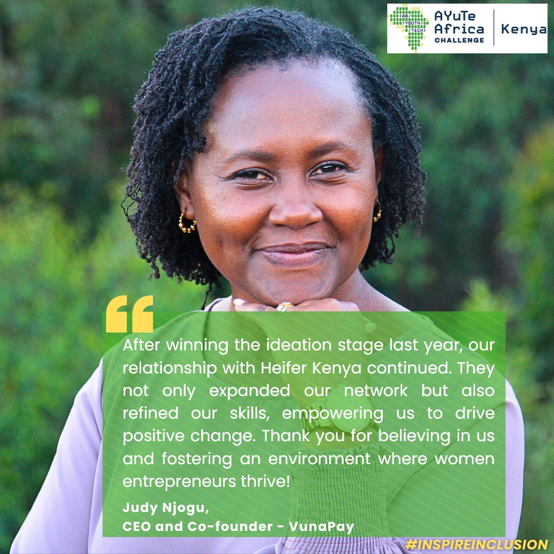 Celebrating Judy Njogu, CEO & co-founder of @VunaPay, winners of #AYuTeChallengeKe 2023. They ensure swift payouts to farmers through cooperatives, offering seamless solutions for managing produce & farm inputs with digitalized systems—no delays!
#IWD2024 #IWM2024 #InvestInWomen