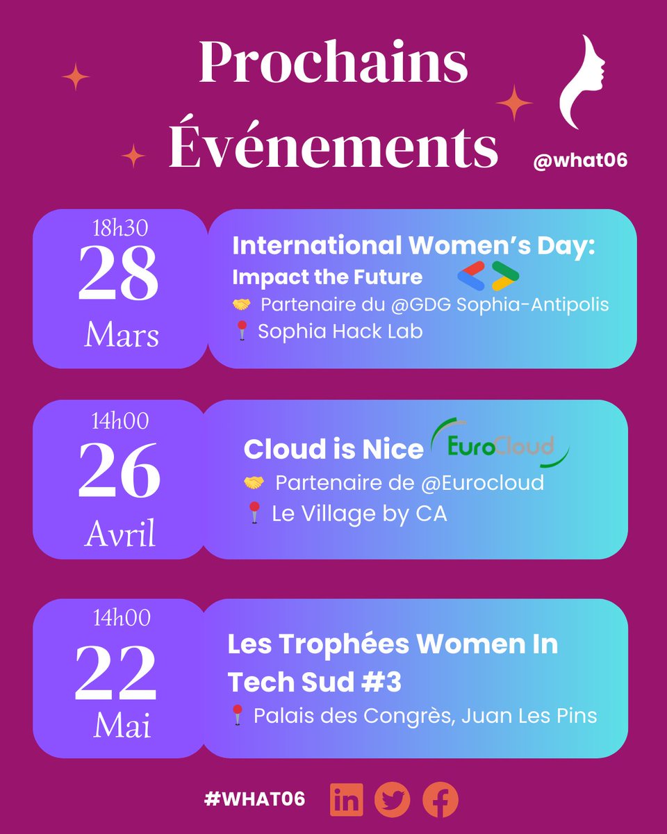 📣 Breaking News 
👩🏻‍💻 <a href="/gdgsophia/">GDG Sophia-Antipolis</a>  // Une soirée de confs sur les *techs du future* par des femmes!
🔗 Inscription: lnkd.in/evrVxsiE

☁️ <a href="/EuroCloudFrance/">EuroCloud France</a> // Un après-midi de confs dédiée au *cloud computing*
🔗 Inscription: cloudisnice.fr
