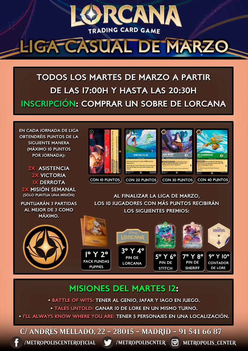 Calendario de eventos semanal del 11 al 17 de Marzo!!!

🔴2º Jornada Liga de Lorcana 
🔵Presentación de Pokemon - Fuerzas Temporales 🟡Booster Draft de SW Unlimited 
⚫️Presentación de OP06 el Jueves (plazas agotadas)

 Os esperamos todos/as!!! ❤️+🔁=😍