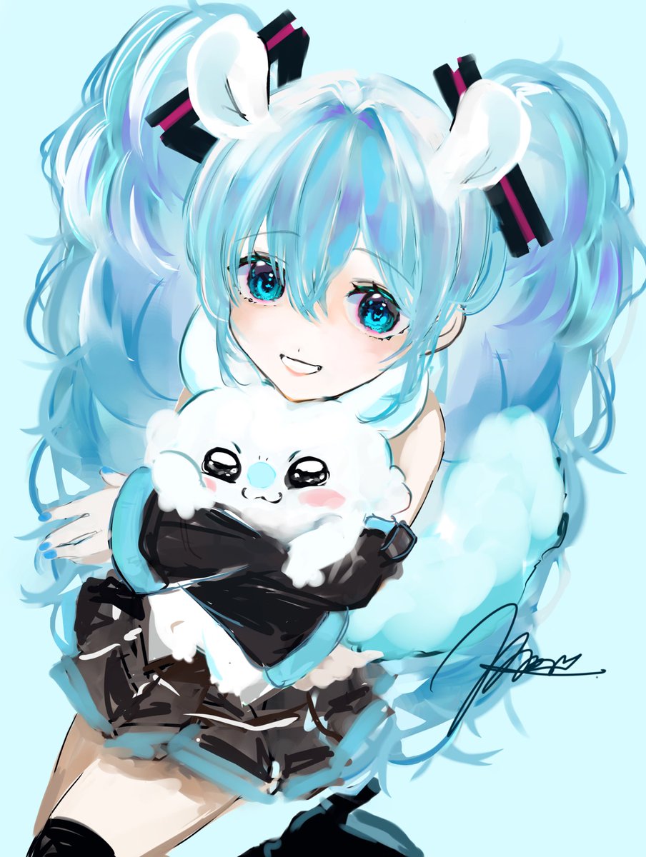 hatsune miku 1girl skirt detached sleeves crossover animal ears smile long hair  illustration images