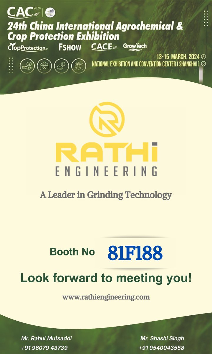 rathi_solutions's tweet photo. Join us at the China International Agrochemical Crop Protection Exhibition! Visit Stall No. 81F188 for the latest in crop protection solutions. See you there!
#AgrochemicalExpo #CropProtection #ChinaAgroExhibition #Stall81F188 #InnovationInAgriculture #AgroTech #RathiEngineering https://t.co/gq3bvU2YQM