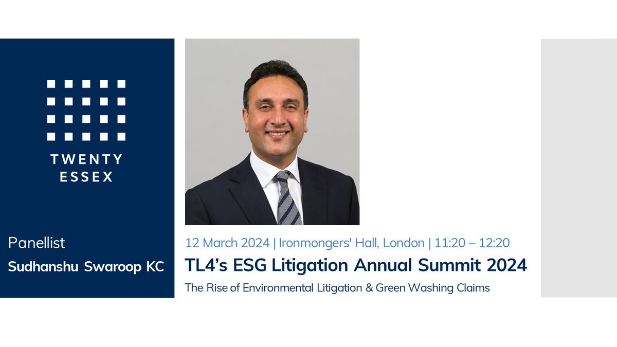 Twenty Essex (@twentyessex) on Twitter photo Tomorrow, Sudhanshu Swaroop KC will be speaking as part of a panel at <a href="/TL4Disputes/">ThoughtLeaders4 Disputes</a> second ESG Litigation Annual Summit 2024.
This is the only dedicated ESG Litigation Conference in the UK so it’s one not to be missed!
thoughtleaders4.com/disputes/dispu…
#ESGLitigation #Disputes #TL4 Tomorrow, Sudhanshu Swaroop KC will be speaking as part of a panel at <a href="/TL4Disputes/">ThoughtLeaders4 Disputes</a> second ESG Litigation Annual Summit 2024.
This is the only dedicated ESG Litigation Conference in the UK so it’s one not to be missed!
thoughtleaders4.com/disputes/dispu…
#ESGLitigation #Disputes #TL4