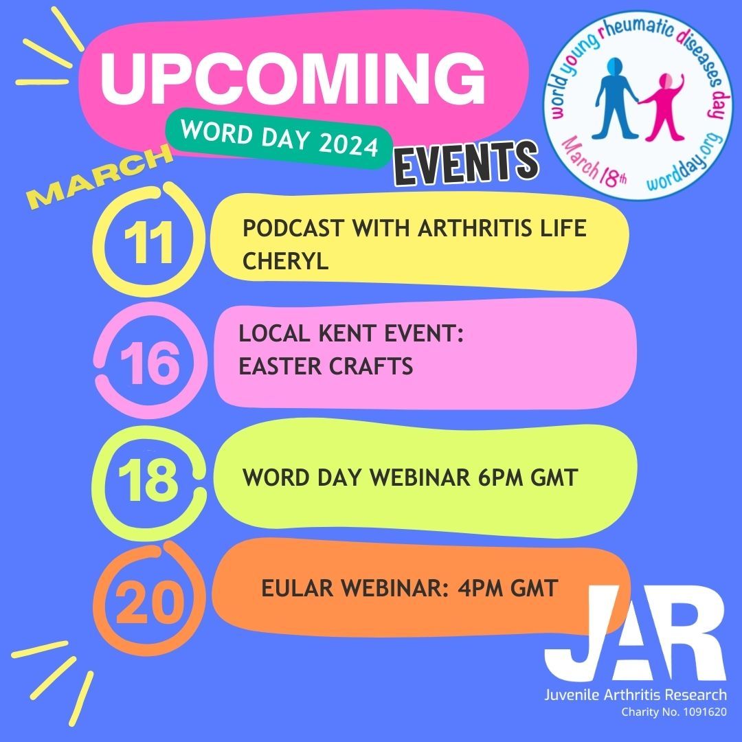 We have some fantastic events for #WORDday2024 starting with our podcast with Arthritis Life Cheryl airing later today. On 16 March we have a local event in Kent for children with #JIA. And don't miss the webinars. Sign up at wordday.org & pare.eular.org