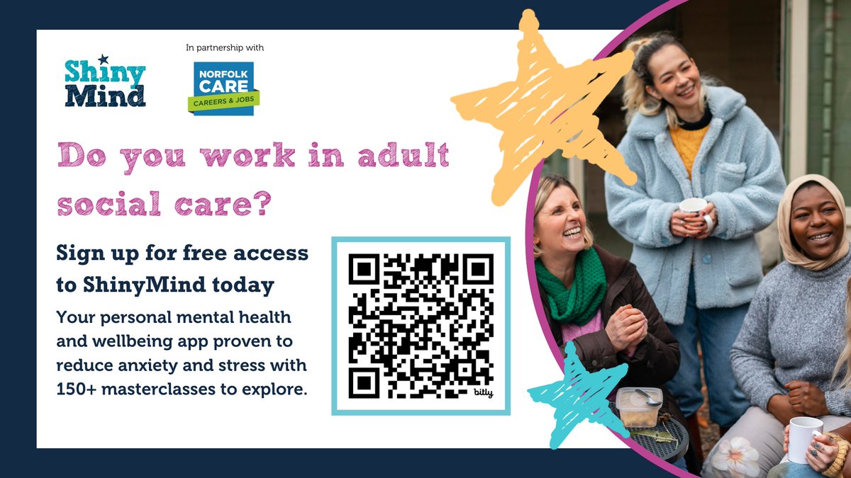 Do you work in #AdultSocialCare in #Norfolk and #Waveney? Sign up today for #MentalHealth and #WellBeing free support via the #ShinyMind ap, using the QR code below - RW for awareness :)