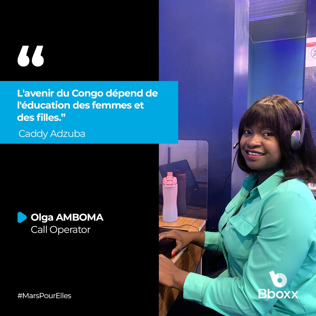Pour un Congo prospère, il est essentiel d'investir dans l'éducation des femmes et des filles. 

C’est le message que Olga Amboma, notre call operator vous adresse en ce début de semaine.

#BboxxRDC #MarsPourElles <a href="/BBOXX_RDC/">Bboxx RDC</a>