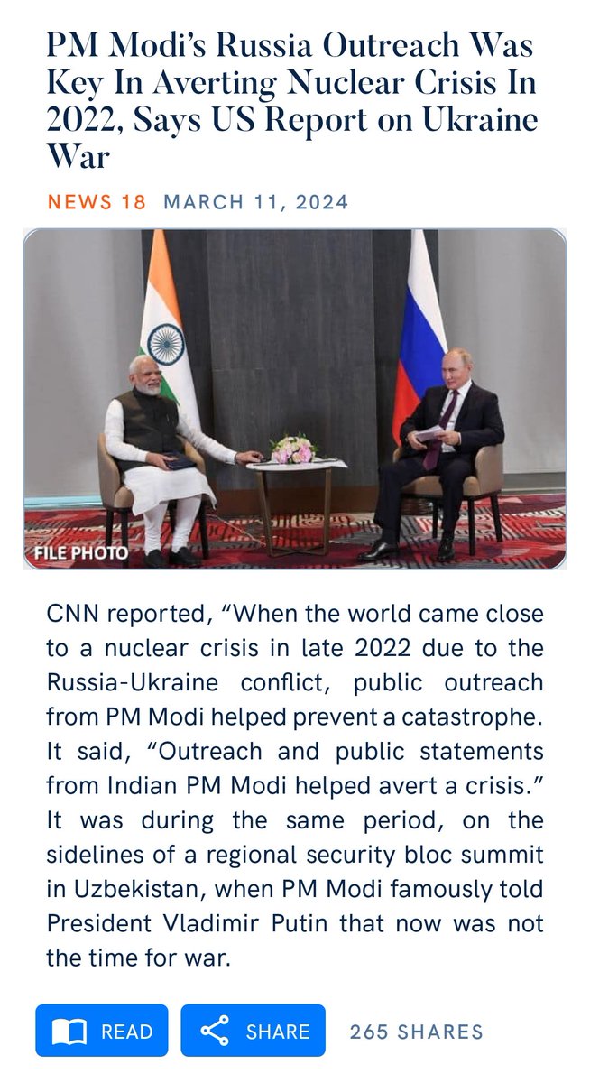 iDineshChawlaa's tweet photo. Prime Minister of India @narendramodi's Russia outreach and public statements helped avert in nuclear crisis in 2022, says US report on Ukraine war.
#ModiTheGlobalLeader 
https://t.co/WK8Wiyao4T https://t.co/iIsMDsMVSv