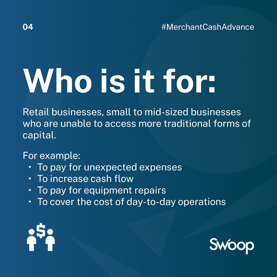 🚀Product series 01: Merchant Cash Advance A merchant cash advance is fast and flexible business funding that unlocks future income to provide immediate cash flow today. 💸 Find out more and apply here bit.ly/49EXaIz #merchantcashadvance #funding #businessloan