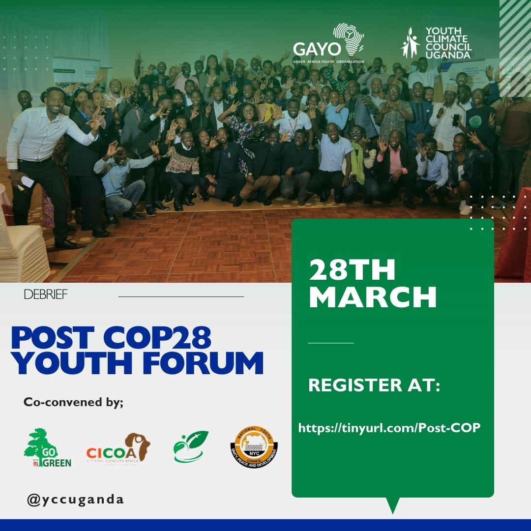 🌍 Join us for the Youth Feedback Session Post-COP28! 

🌱 Engage, learn, and collaborate with youth from around Uganda as we discuss the lessons learned from UNFCCC COP28.  

Register;tinyurl.com/Post-COP
 
Don't miss out! 
#YouthClimateAction #COP28 #ClimateChangeAwareness