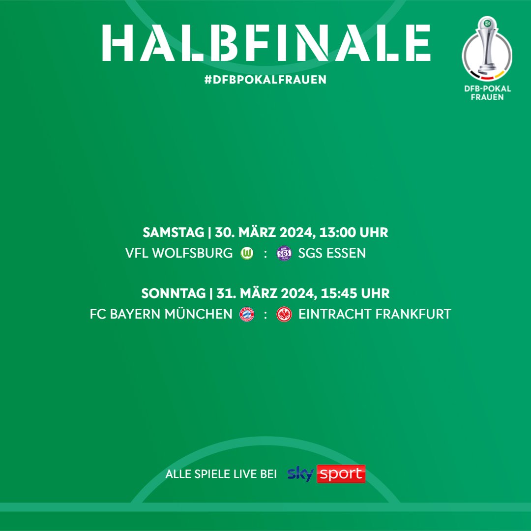 DFB_Frauen's tweet photo. Wir haben die zeitgenauen Ansetzungen für das Halbfinale im #DFBPokalFrauen für euch! 🤩 

Das Duell Bayern gegen Frankfurt seht ihr außerdem auch in der ARD. ✨

Wen sehen wir am 9. Mai in Köln? #ViaColonia https://t.co/WbLLPw8kXU