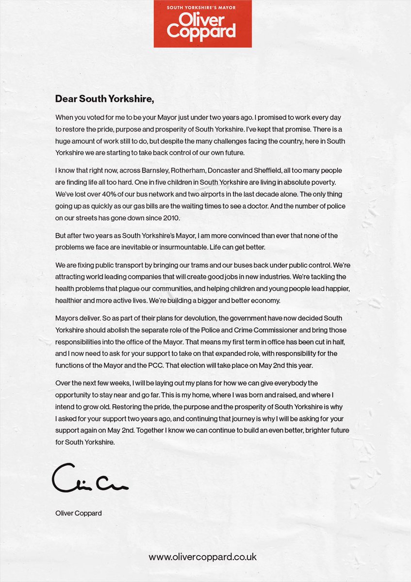 olivercoppard's tweet image. Dear South Yorkshire,

Two years ago you asked me to be your Mayor. Taking on this job has been the greatest honour of my life. 

I will be asking for your support again at the Mayoral election now scheduled for May 2nd, so that we can keep moving forward together. 

Oliver