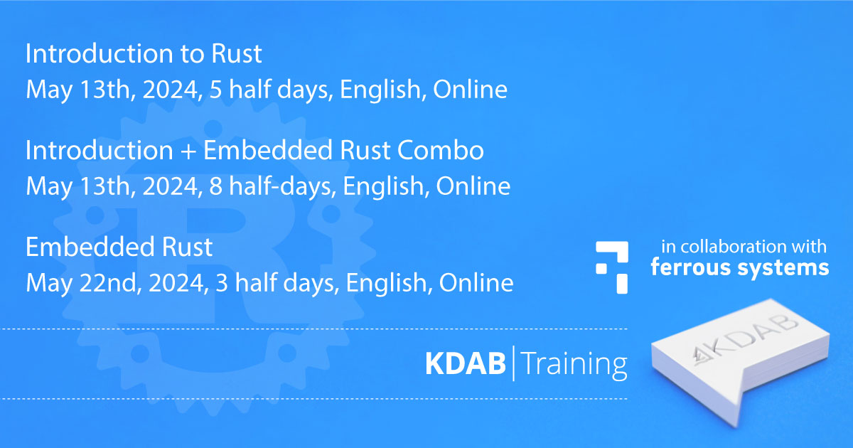 Together with KDAB partner & Rust experts @FerrousSystems, we provide a variety of introductory and advanced training courses for the Rust language. Check out the combined version taught over 8 half days:
training.kdab.com/portfolio/intr… #rustlang #embedded