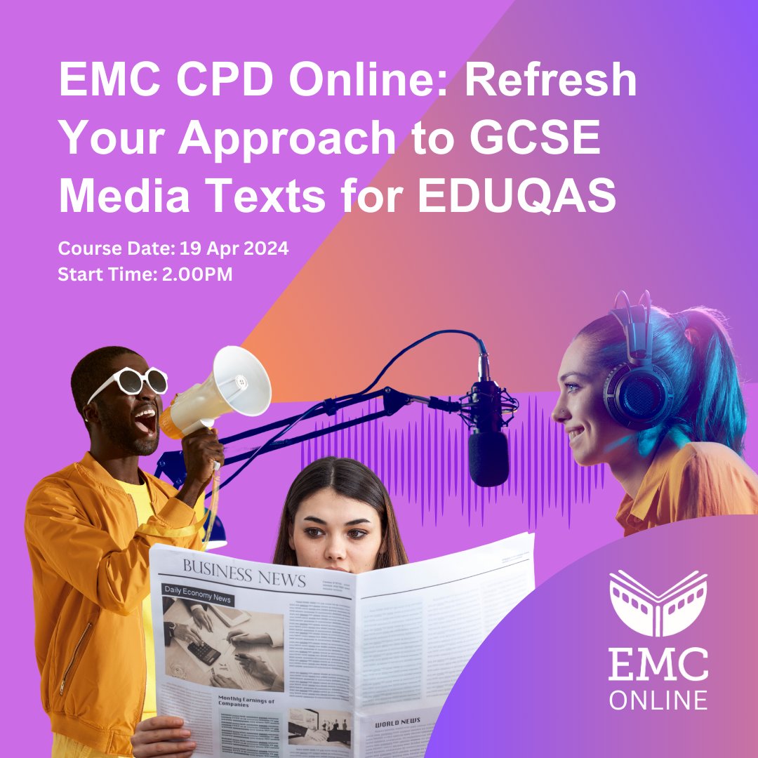 We've got some GCSE CPD in the calendar! @AprilMccEMC & I will be offering fresh approaches to Eduqas set texts. It's an online course offering ways of contextualising and energising your teaching of Radio, News and Ads with ideas for practical tasks. shorturl.at/qxyOW