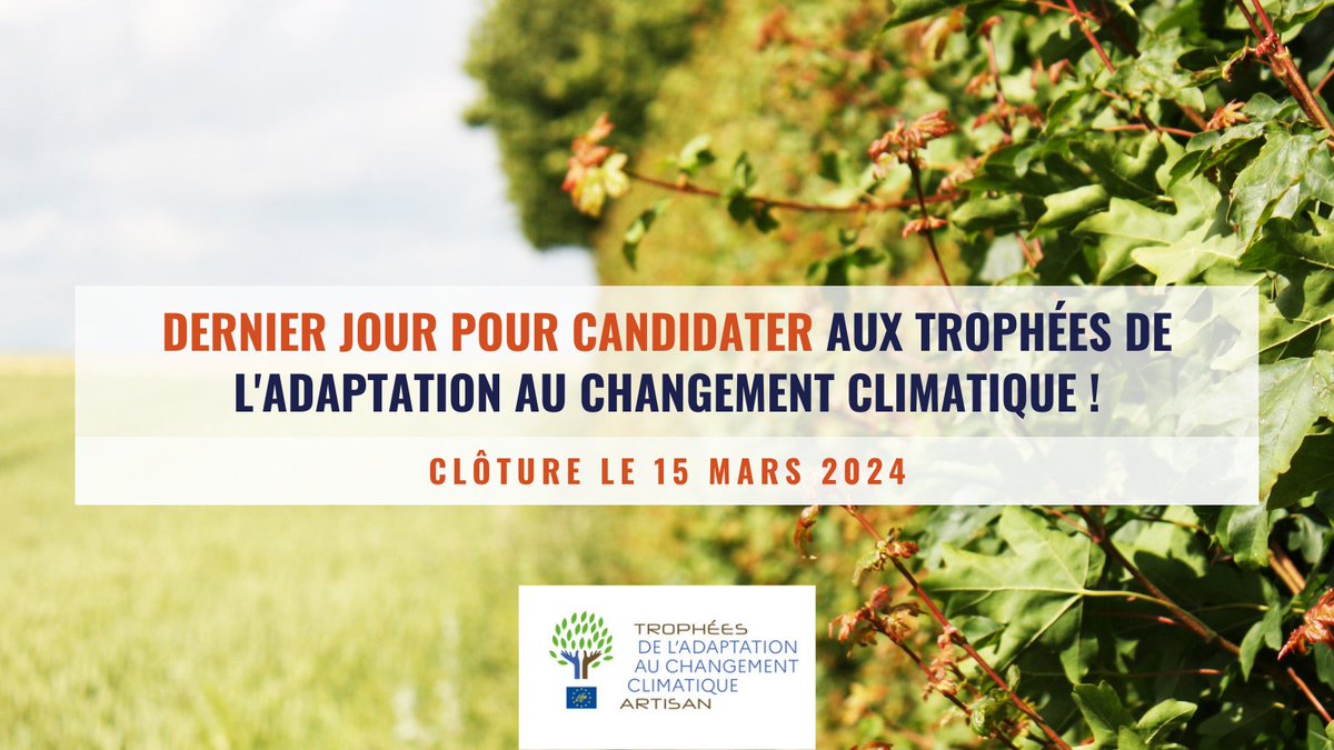 Le dépôt des candidatures pour les Trophées de l'adaptation au changement climatique 🏆  se termine aujourd'hui à 22h (UTC-00:00)  !
👉 Envoyez votre candidature : bit.ly/3FfIGjz

Un événement de l' <a href="/Ademe/">ADEME</a> en part. avec <a href="/OFBiodiversite/">Office français de la biodiversité</a> et <a href="/Ecologie_Gouv/">Ministères Territoires Écologie</a>