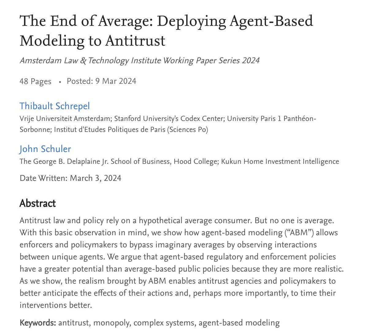 15 months in the making, and here it is: in this working paper, we deploy agent-based modeling to antitrust for the first time: papers.ssrn.com/sol3/papers.cf… Specifically, we provide a computer simulation with unique agents (i.e., agents with different speed/privacy preferences)…