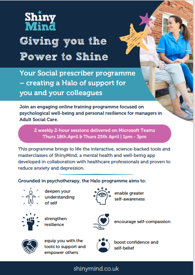 #AdultSocialCare #Managers #Norfolk #Waveney #ShinyMind programme - 18 & 25 April - Sign up today via helen.wright@norfolk.gov.uk and help to create a halo of support for you and your colleagues