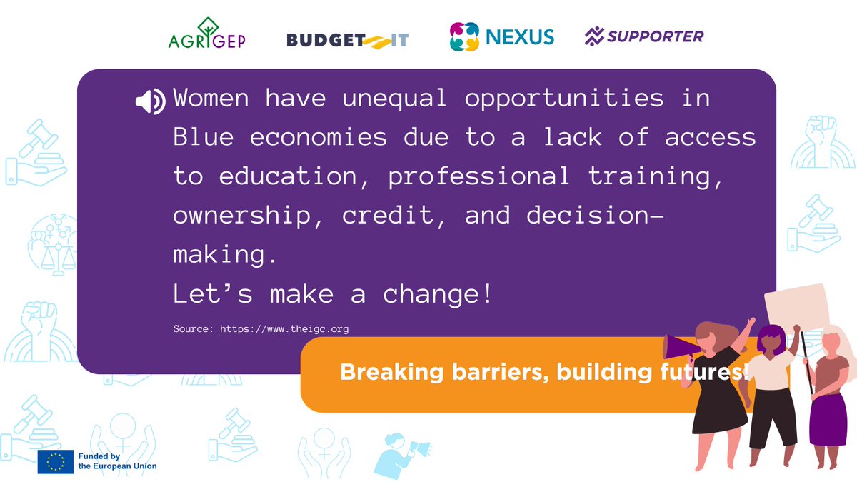 Women face challenges in all fields!  In blue industries, disparities are underscored by the 2022 report from @FAO due to: ❌Limited access to resources ❌Exclusion from decision-making & governance ❌Gender stereotyping Let's drive the change! agrigep.eu