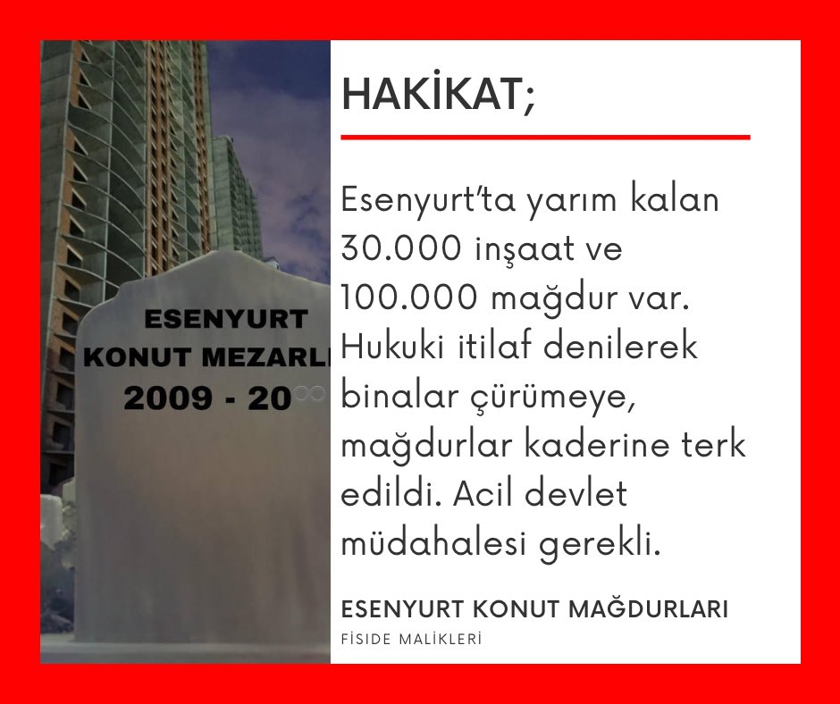 FisideMalikleri's tweet photo. Sayın Cumhurbaşkanımızın dikkatine, Esenyurt'ta konut projelerinde mağdur olan 100.000 kişiyiz. 
📍Yasaların boşluğundan dolayı maketten konut satışı ile mağdur olduk
📍Devletimiz bu yasadaki açığı düzeltti ancak bu açığın ortaya çıkmasını sağlayan asıl mağdurlar olarak biz ortada kaldık,
📍Hukuki itilaf değil ortada büyük dolandırıcılıklar, hiç edilen yüz milyonlarca dolar mevcut
📍Devletimizin yarım kalan inşaatlar ile ilgili acil çözüm bulması gerekiyor, 
Haykırıyoruz, lütfen bu hatayı düzeltin🙏🏻 @RTErdogan @murat_kurum @Akparti @akpartiistanbul @nowhaber @selcukktepeli @gazetesozcu @halktvcomtr #konutmağdurları #esenyurt