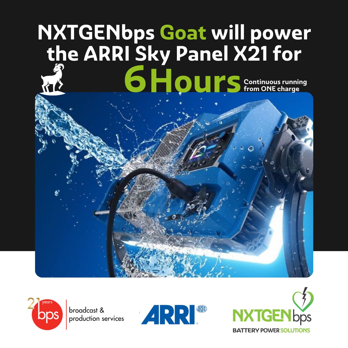 A match made in heaven!

Power the all-weather #ARRI Sky Panel X21 for 6 hours of uninterrupted lighting on-the-go, anywhere, with the <a href="/nxtgenbps/">NXTGENbps</a> #Goat, offering a silent, #zeroemissions, eco-friendly power solution 

Available now on bps-tv.co.uk

#Production #BPS