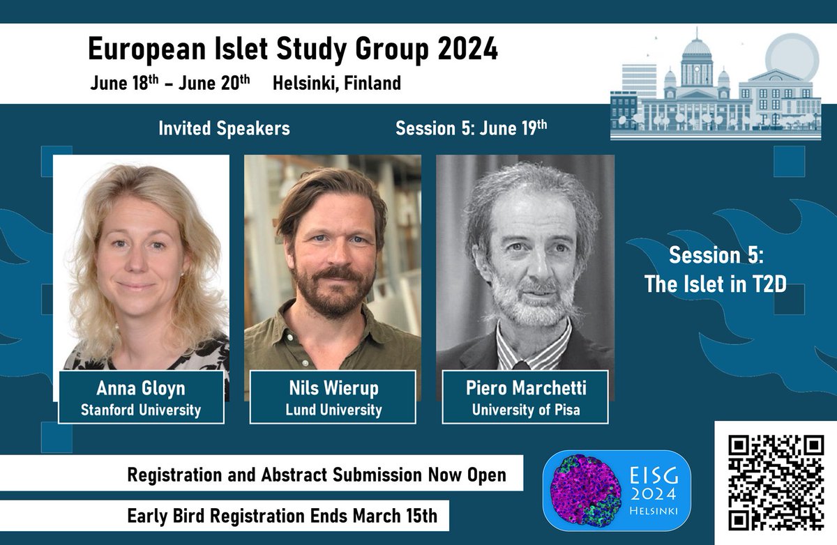 Happy to announce #EISG24_Helsinki 🇫🇮session 5: 'The Islet in T2D'. Invited speakers Anna Gloyn, Nils Wierup and Piero Marchetti will present their recent work on genetics 🧬 and mechanisms ⚙️of type 2 diabetes.