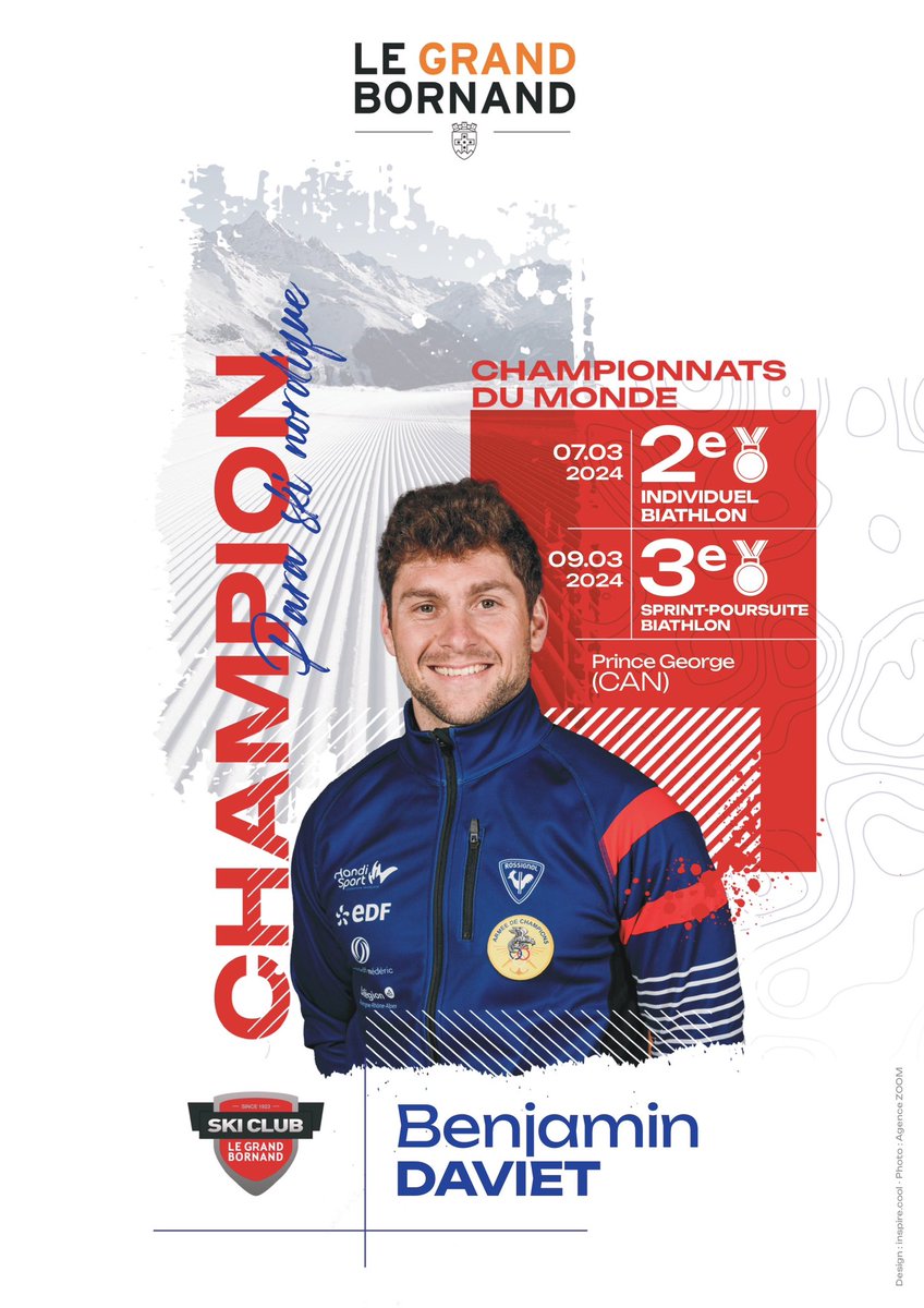 🥈🥉Un bravo tout particulier à @DavietBenjamin pour sa 2ème place de l’individuel en para biathlon et sa 3ème place en sprint-poursuite les 7 et 9 mars 2024 aux championnats du monde👏🏼👏🏼 #legrandbornand #monGrandBo #champion