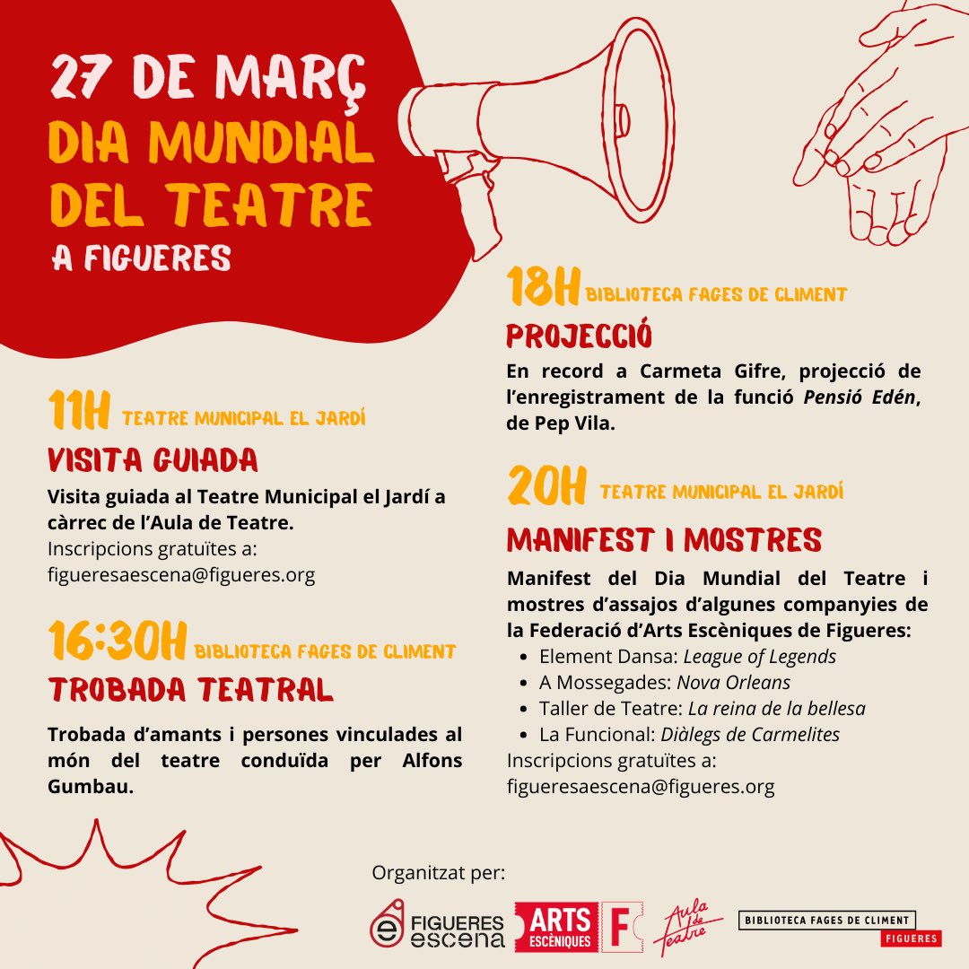 🎭DIA MUNDIAL DEL TEATRE A FIGUERES🎭

🎉El 27 de març se celebra el dia mundial del teatre i, a Figueres, hem preparat un seguit d’activitats durant tota la jornada per tal que el celebris aquí i amb nosaltres!