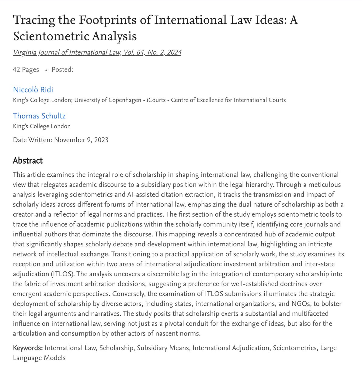 New Paper: 📢 @ThomasKPSchultz and I continue our investigation of the role of scholarship 📚 in international law, leveraging scientometrics and #LLM-assisted 🤖 citation mining to identify scholar-to-scholar citations and references in party pleadings. Forthcoming in @VaJIntlL.