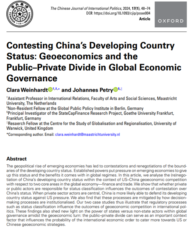 Does it matter whether #China holds developing country status in international politics? In our new #openaccess article w @johannes_petry we show why and how China's status in global finance and trade shapes #geoeconomic competition with the US. 👉doi.org/10.1093/cjip/p…