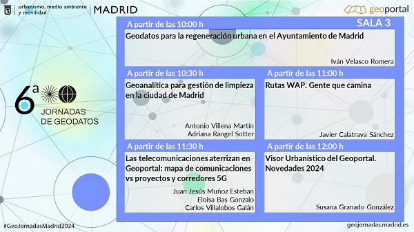 geoportalmadrid's tweet photo. 6ª Jornadas de Geodatos🌐🧡
💻https://t.co/IDN8iOwT0R
En la sala 3⃣, hasta las 12:30 podrás ver 👇
1⃣ #Geodatos para la regeneración urbana
2⃣Gestión de limpieza en @madrid. Geoanalítica
3⃣Rutas WAP👣
4⃣🗺️de comunicaciones y corredores 5G
5⃣Visor Urbanístico. #Novedades2024 https://t.co/v7AEpuY9PN