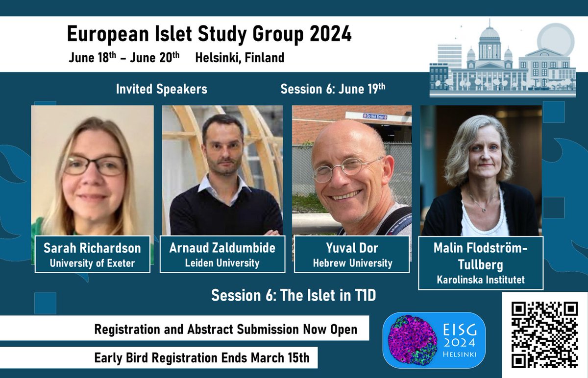 Join us at #EISG24_Helsinki  and discover the latest research on "The Islet in T1D". Excited to present the speakers of session 6: Sarah Richardson, Arnaud Zaldumbide, Yuval Dor and Malin Flodström-Tullberg.
Hurry up, 3 days for early-bird registration and abstract deadlines!