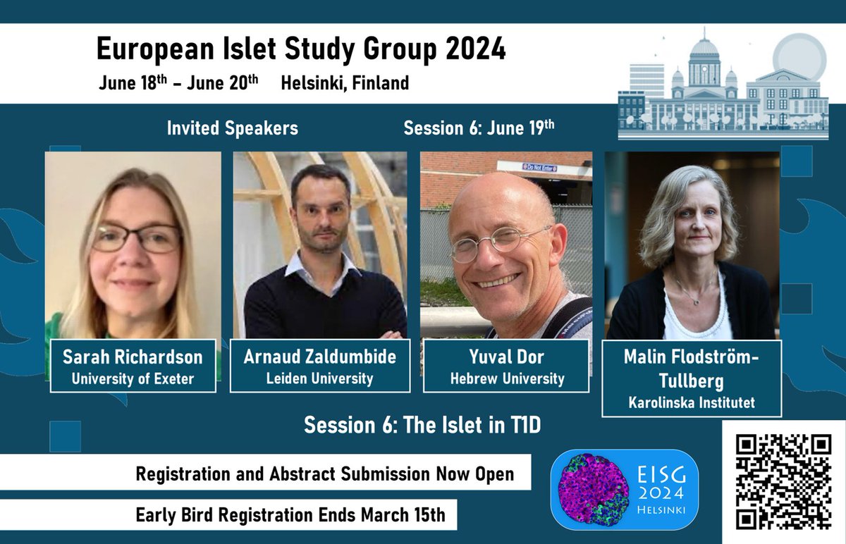 Join us at #EISG24_Helsinki and discover the latest research on 'The Islet in T1D'. Excited to present the speakers of session 6: Sarah Richardson, Arnaud Zaldumbide, Yuval Dor and Malin Flodström-Tullberg. Hurry up, 3 days for early-bird registration and abstract deadlines!