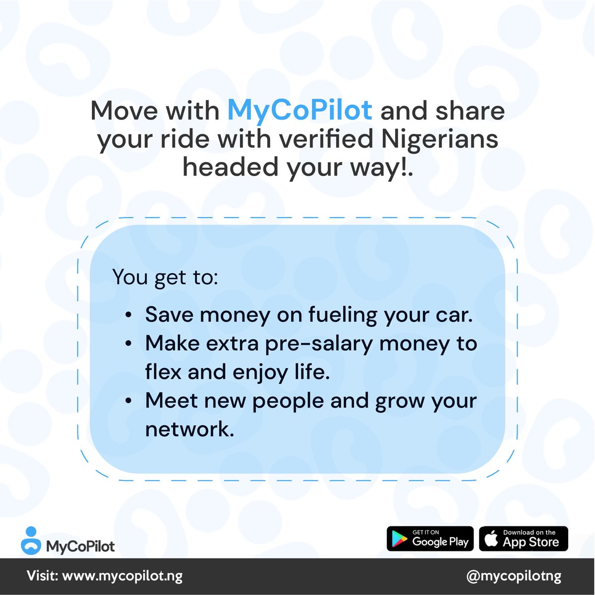mycopilotng's tweet photo. As a car owner on MyCoPilot, you get to;

⁃Reduce how much you spend on fuel by sharing your ride with verified Nigerians going your way.
⁃Make extra morning driving to your preferred destination by giving lifts to verified Nigerians going your way.
⁃Grow your network and make new business connections.

Visit your Google Playstore or the App Store to download the #MyCoPilot app and get started.

#VerifiedCoPilot #MoveSmarter