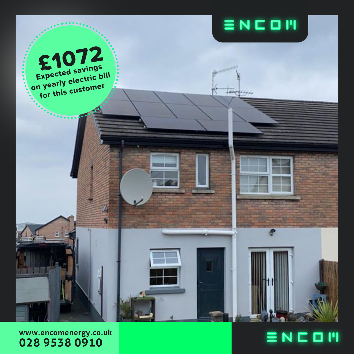 ☀️ Our latest install

12 JA Solar Panels &amp; 3.6kW Inverter - 5.22kW of clean power.
10kWh Battery ensures energy round-the-clock.
Benefits:

Save £1,072 annually for our customer!
Reduce your carbon footprint 🌿.

🔌 Encom Energy 📞 028 9538 0910 💻 encomenergy.co.uk