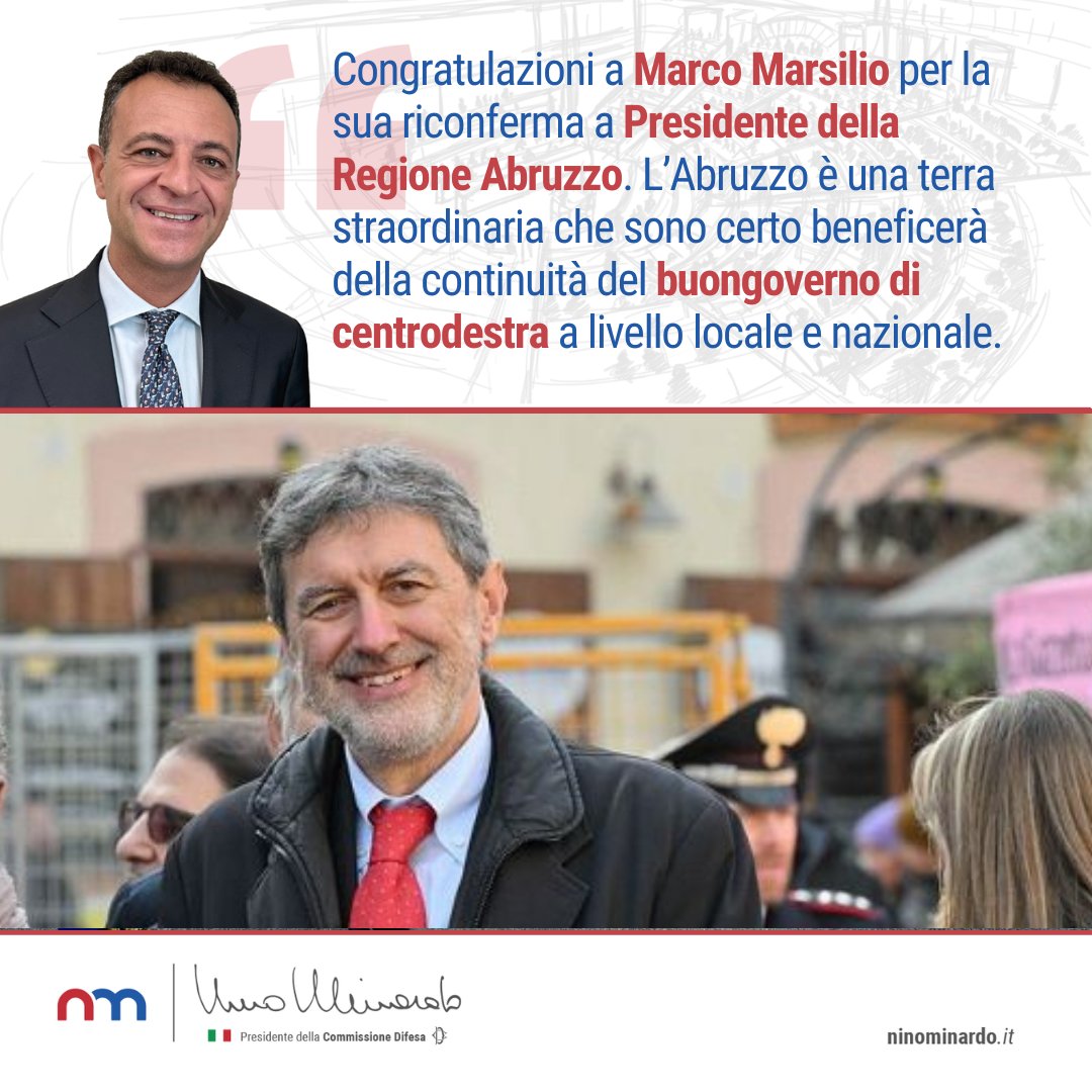 NinoMinardo's tweet photo. Congratulazioni a @marcomarsilio per la sua riconferma a Presidente della Regione #Abruzzo. Una terra straordinaria, l'Abruzzo, che sono certo potrà beneficiare a lungo della continuità del #buongoverno di #centrodestra, sia sul piano locale, che su quello nazionale. https://t.co/ROwyhfBkyb