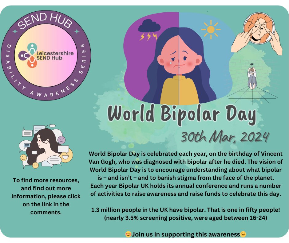 LeicsSENDHub's tweet photo. Follow this link to find out more information -
https://t.co/mljOhlVgFz
#bipolarawareness #worldbipolarday #mentalhealth #SendHub #Awareness https://t.co/jzcVDwMTi8