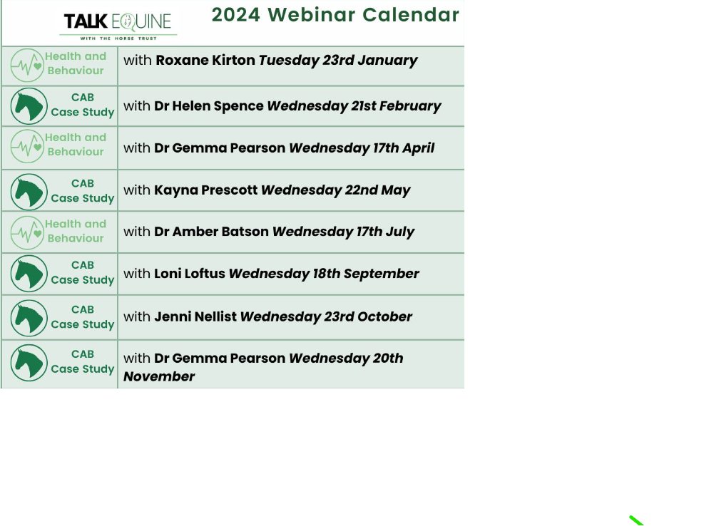 Look🧐🧐at our calendar of TalkEquine webinars for 2024! Join us for Clinical Animal Behaviour case studies as well as health &amp; behaviour topics! Full details available a couple of weeks before the event. They're all available on watchback too!
