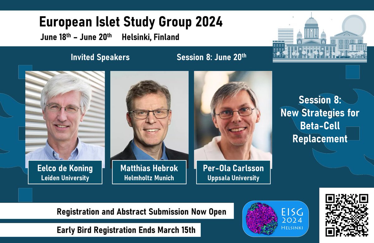 What are the 'New Strategies for Beta-Cell Replacement'?🧐 Happy to introduce speakers Eelco de Koning, Matthias Hebrok and Per-Ola Carlsson who will present in the closing session of #EISG24_Helsinki 🇫🇮 🚨Early bird registration and abstract deadline TOMORROW! 🚨