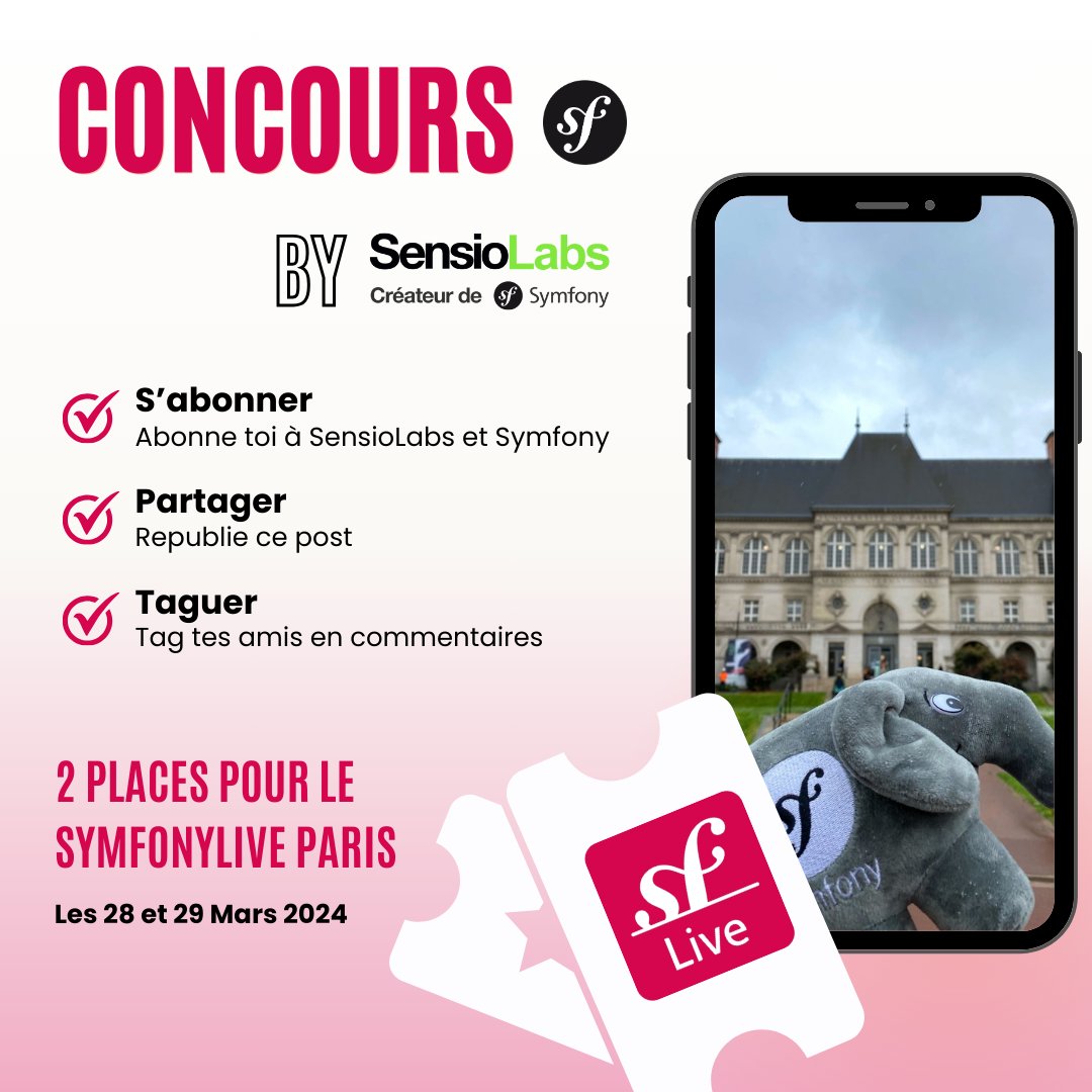 sensiolabs's tweet image. 🎁 #Concours
🍀 Tentez de remporter votre place pour le #Symfony_Live Paris 2024 !
SensioLabs et Symfony vous offrent 1 place sur X et 1 sur LinkedIn
Pour participer :
1⃣S’abonner à @SensioLabs & @symfony👆
2⃣RT ce post🔃
3⃣Taguer vos amis en commentaires✍️
TRS le 15/03/24